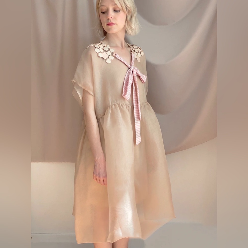 Elegant Cream Midi Dress with Pink Accents